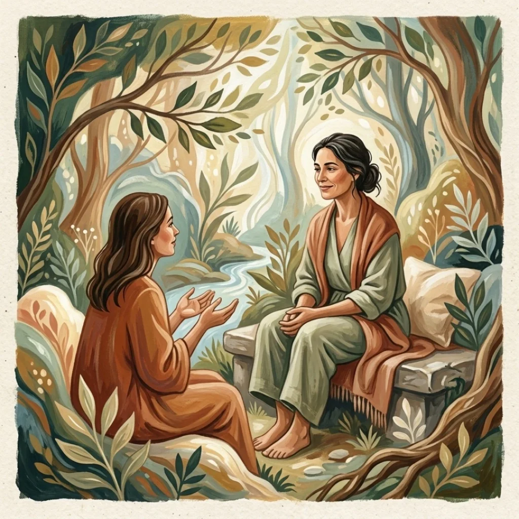 Dipinto contemporaneo ispirato alla natura con una figura femminile o una scena di ascolto, simbolo della presenza accogliente e umana di Loredana Marzano.