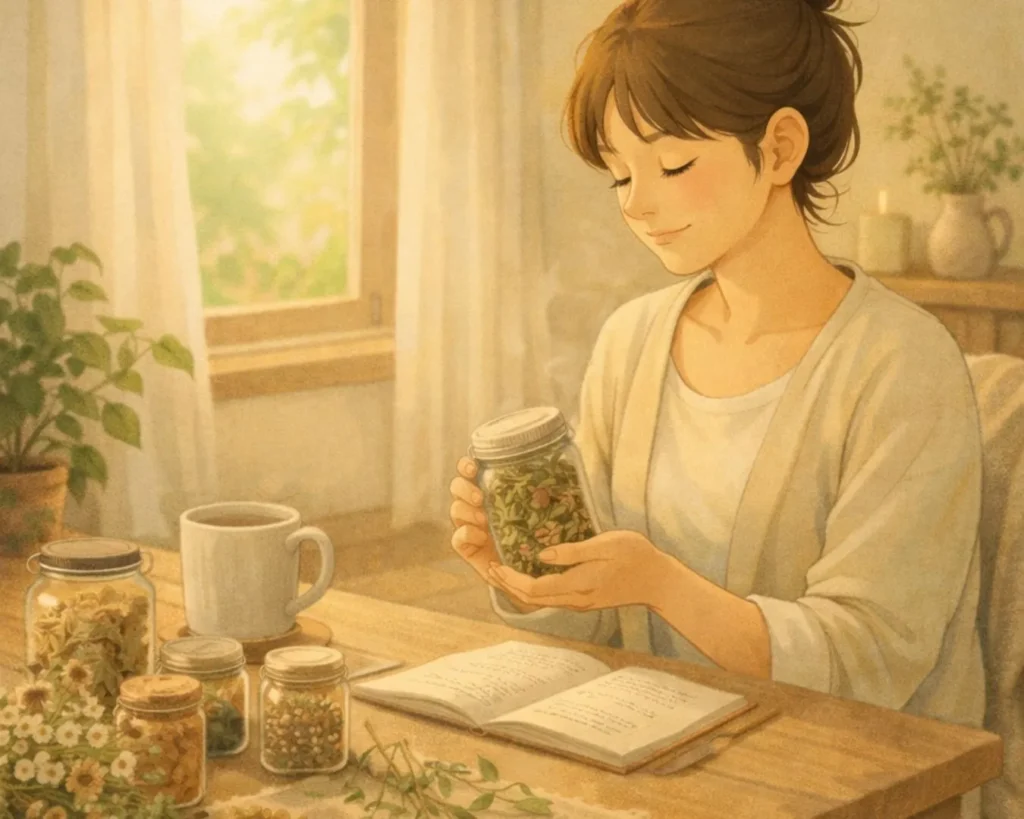 Illustrazione di una donna che osserva un barattolo di erbe in un ambiente naturale e raccolto