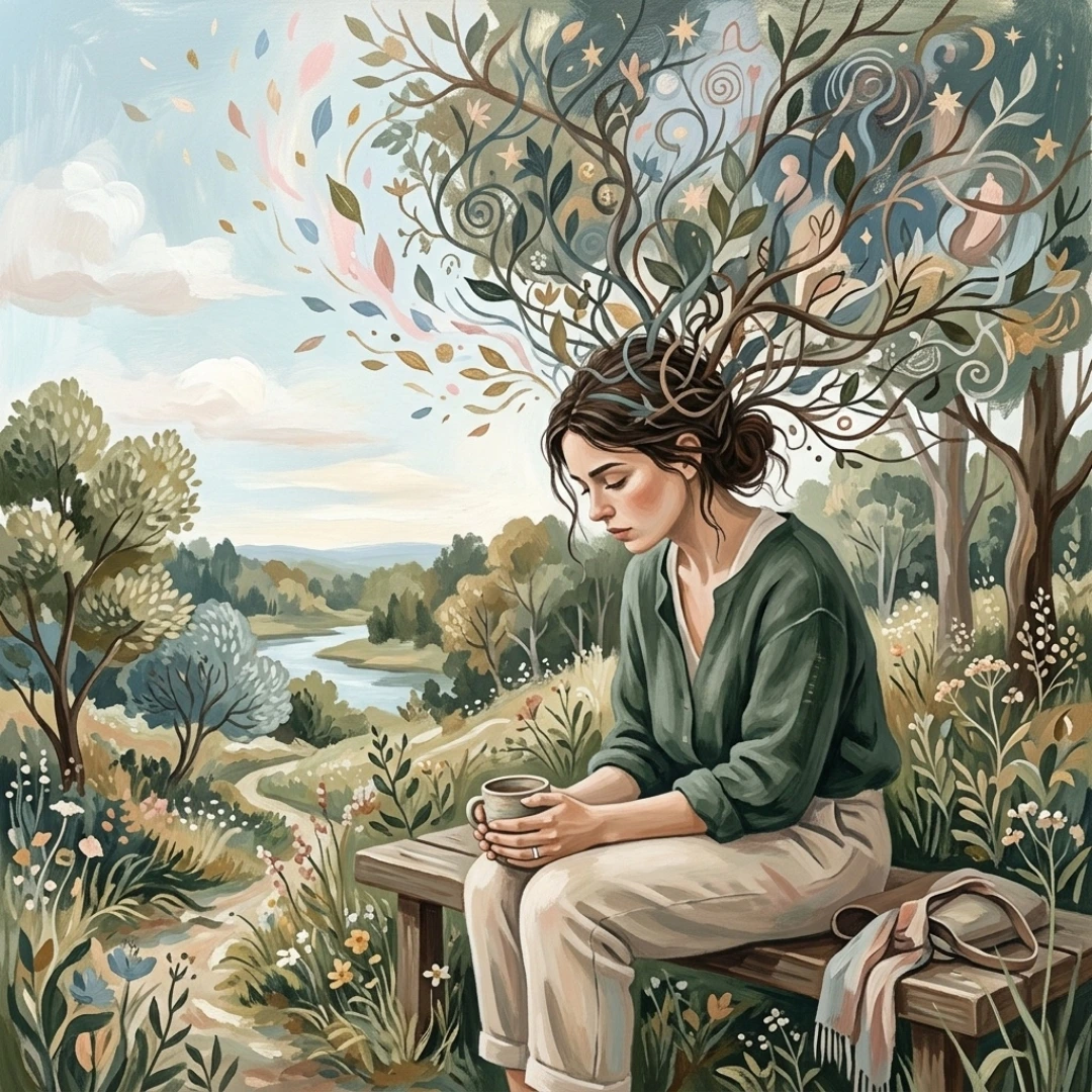 Dipinto contemporaneo ispirato alla natura che raffigura una donna stanca e pensierosa, simbolo di chi sente più fatica, tensione e bisogno di capire meglio come sta.