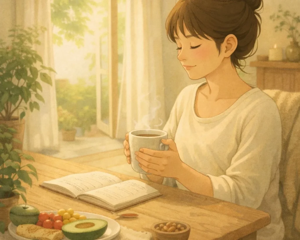 Illustrazione di una donna con una tazza calda e un quaderno, simbolo di cura quotidiana e benessere generale