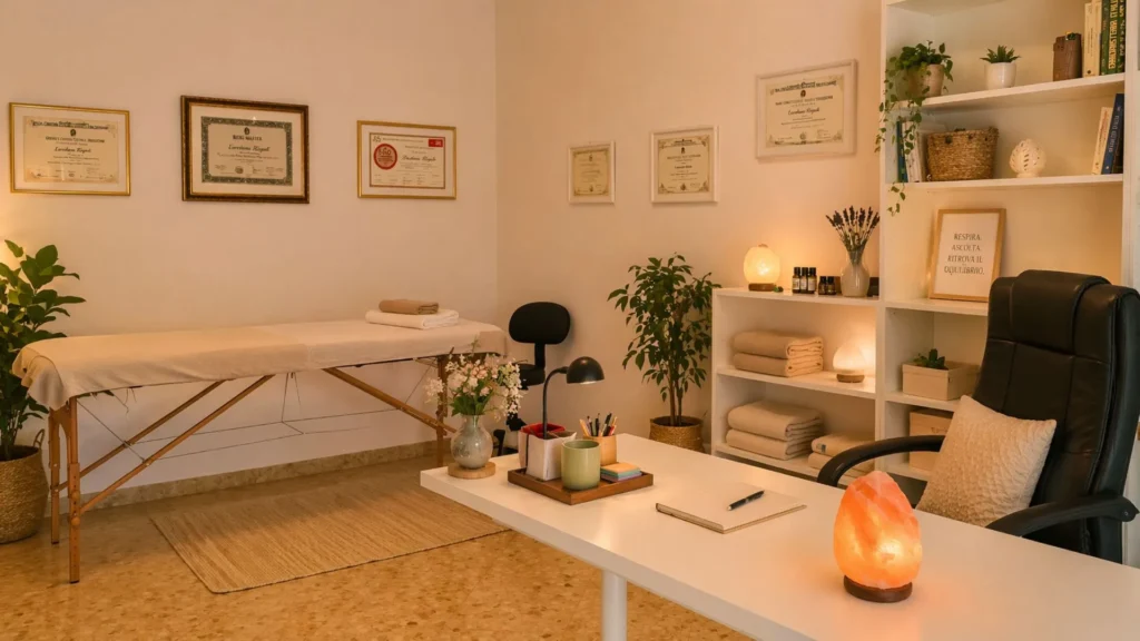 Studio professionale di Loredana Marzano a Bari, con lettino, scrivania, luci calde e atmosfera accogliente.